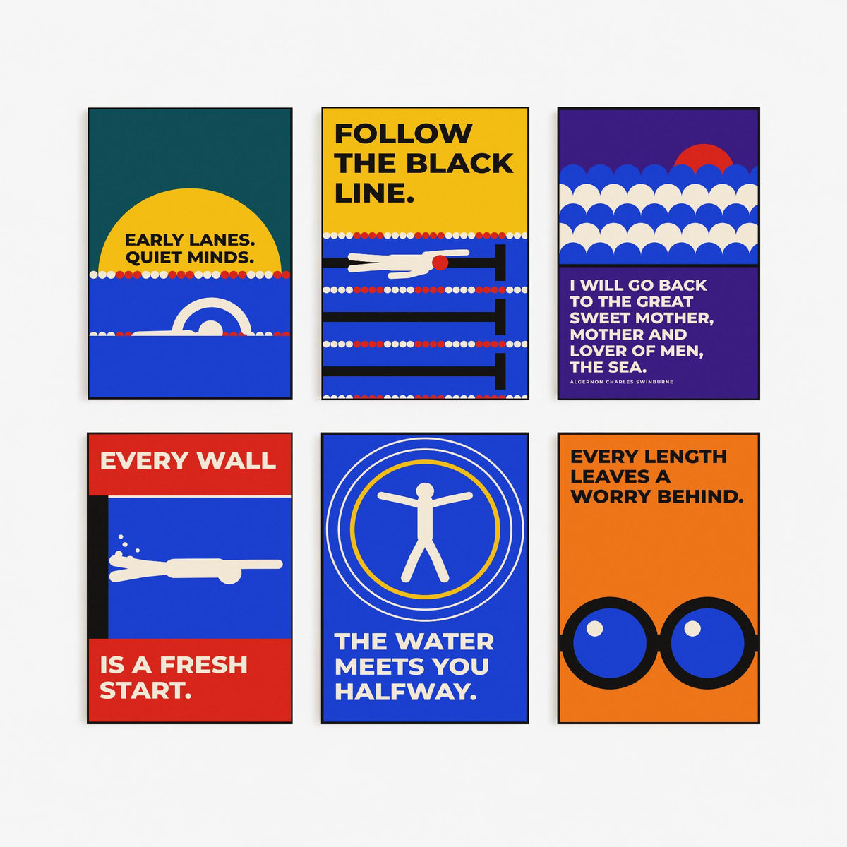 Set of Six Swimming Quote Art Prints - 6 Bauhaus Swimmer Posters - Minimalist Sport Illustration - Pool Lanes, Goggles, Sea