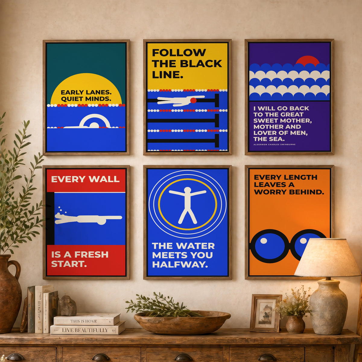 Set of Six Swimming Quote Art Prints - 6 Bauhaus Swimmer Posters - Minimalist Sport Illustration - Pool Lanes, Goggles, Sea
