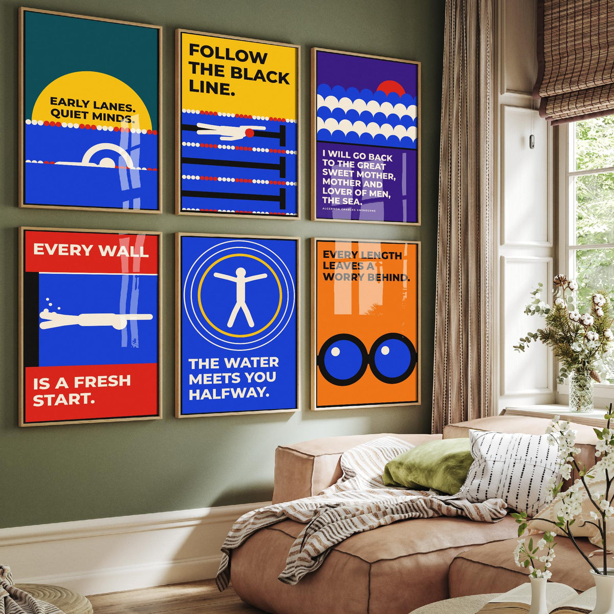 Set of Six Swimming Quote Art Prints - 6 Bauhaus Swimmer Posters - Minimalist Sport Illustration - Pool Lanes, Goggles, Sea