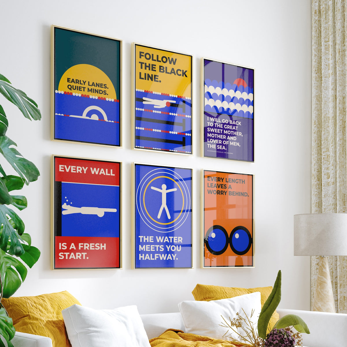 Set of Six Swimming Quote Art Prints - 6 Bauhaus Swimmer Posters - Minimalist Sport Illustration - Pool Lanes, Goggles, Sea