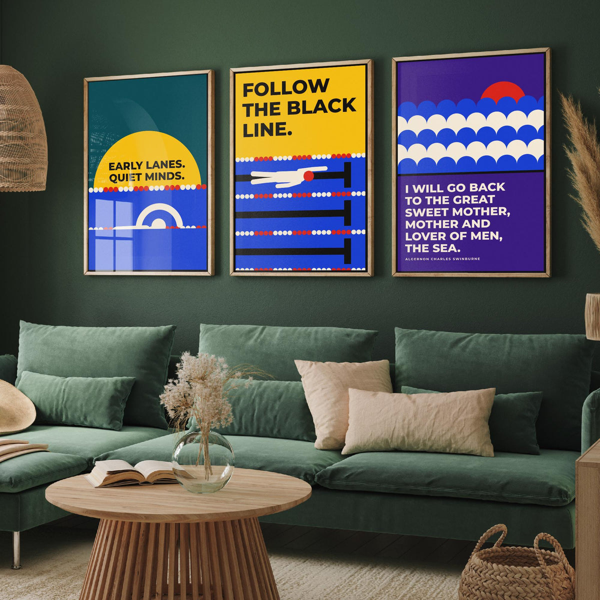 Swimming Quotes Set of Three Art Prints - 3 Bauhaus Swimmer Posters - Minimalist Sport Wall Art Illustration V1