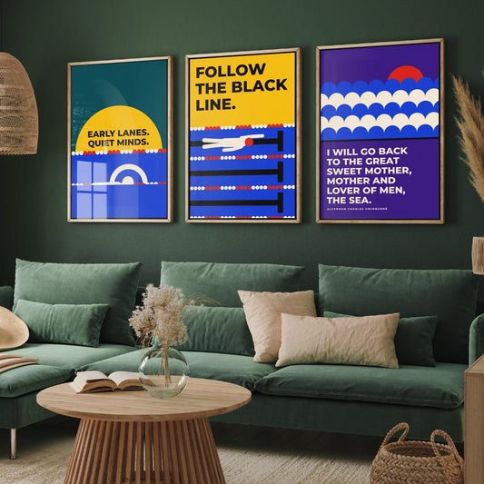 Swimming Quotes Set of Three Art Prints - 3 Bauhaus Swimmer Posters - Minimalist Sport Wall Art Illustration V1