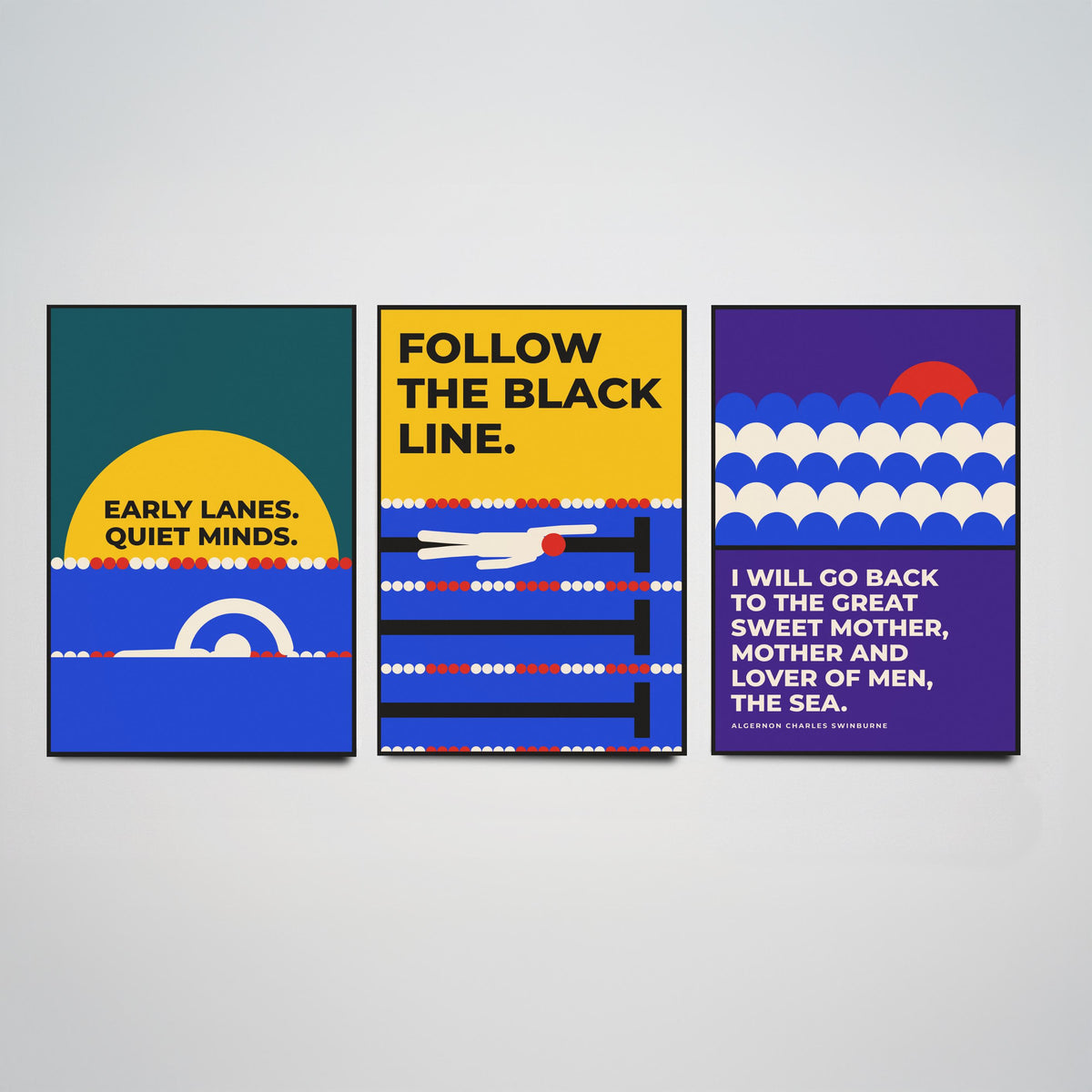 Swimming Quotes Set of Three Art Prints - 3 Bauhaus Swimmer Posters - Minimalist Sport Wall Art Illustration V1