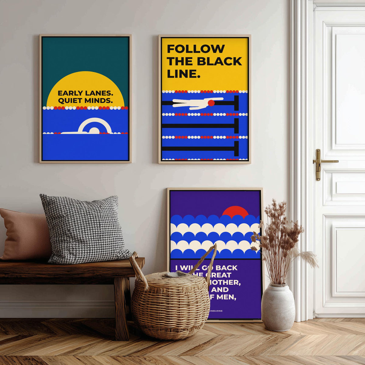 Swimming Quotes Set of Three Art Prints - 3 Bauhaus Swimmer Posters - Minimalist Sport Wall Art Illustration V1