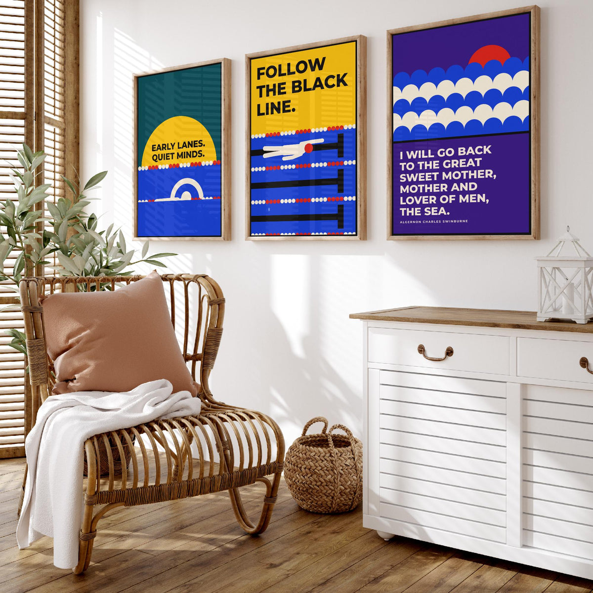 Swimming Quotes Set of Three Art Prints - 3 Bauhaus Swimmer Posters - Minimalist Sport Wall Art Illustration V1