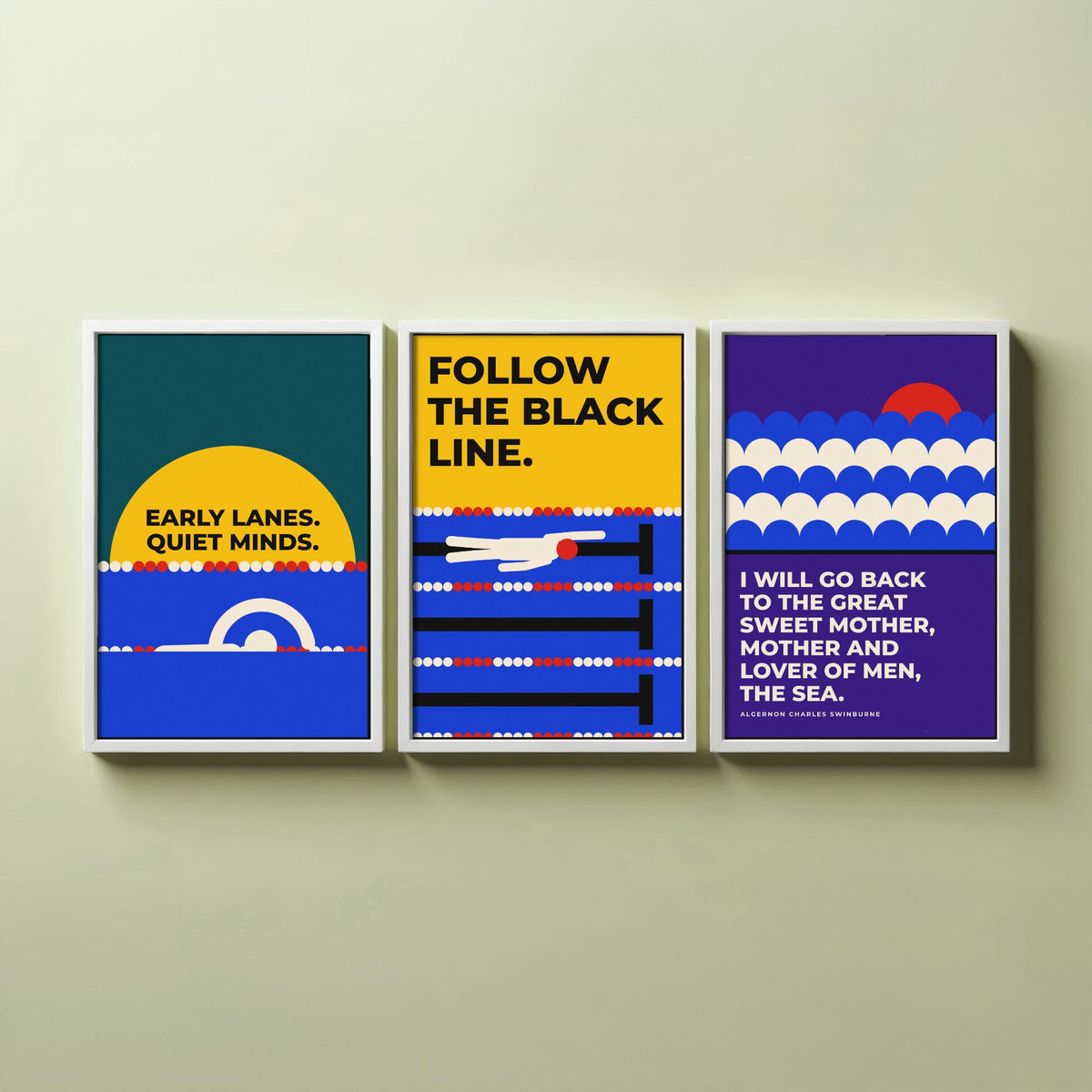 Swimming Quotes Set of Three Art Prints - 3 Bauhaus Swimmer Posters - Minimalist Sport Wall Art Illustration V1
