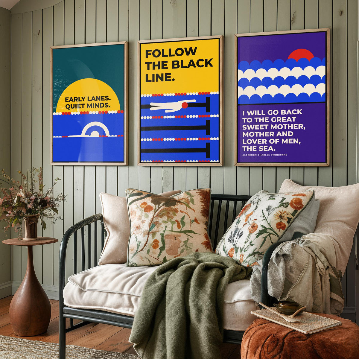 Swimming Quotes Set of Three Art Prints - 3 Bauhaus Swimmer Posters - Minimalist Sport Wall Art Illustration V1