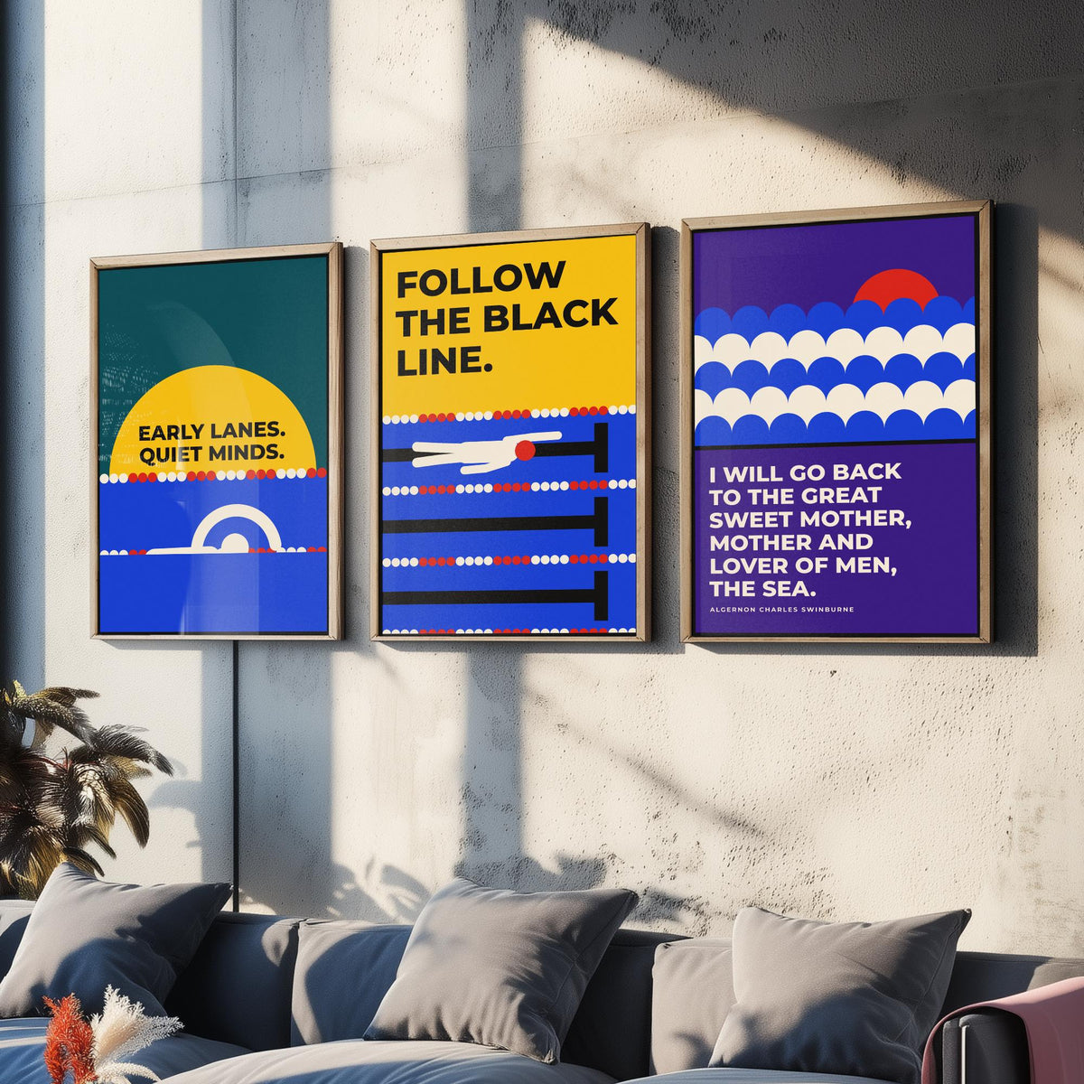 Swimming Quotes Set of Three Art Prints - 3 Bauhaus Swimmer Posters - Minimalist Sport Wall Art Illustration V1