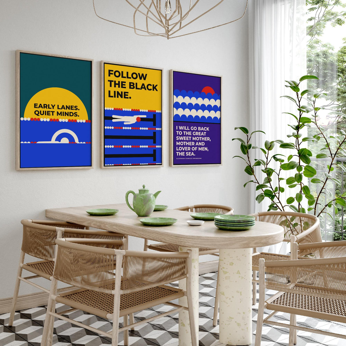 Swimming Quotes Set of Three Art Prints - 3 Bauhaus Swimmer Posters - Minimalist Sport Wall Art Illustration V1