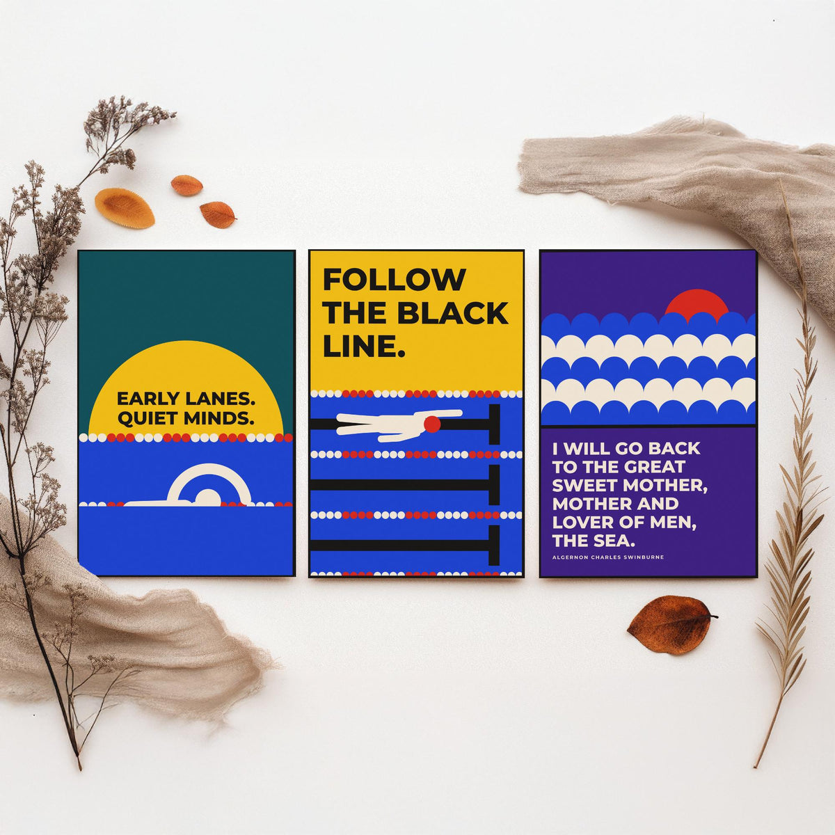 Swimming Quotes Set of Three Art Prints - 3 Bauhaus Swimmer Posters - Minimalist Sport Wall Art Illustration V1