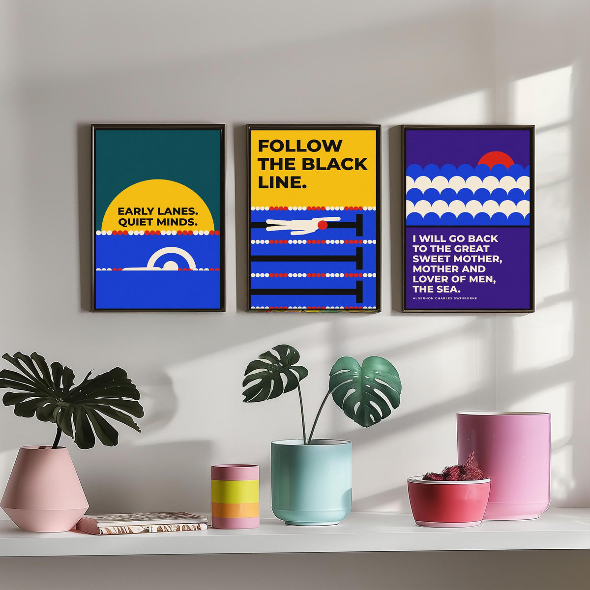 Swimming Quotes Set of Three Art Prints - 3 Bauhaus Swimmer Posters - Minimalist Sport Wall Art Illustration V1