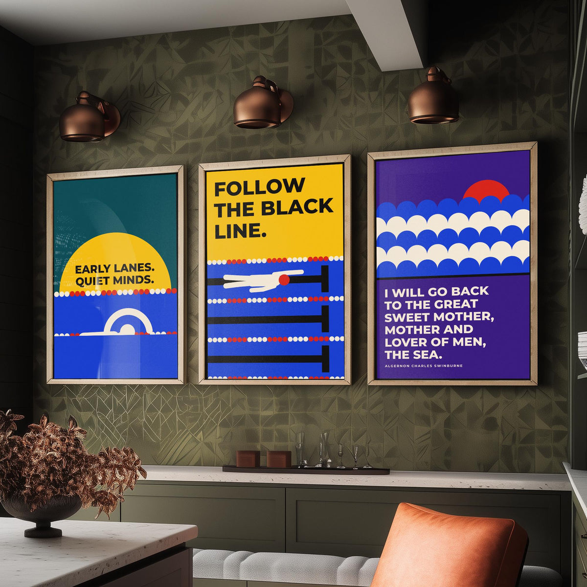 Swimming Quotes Set of Three Art Prints - 3 Bauhaus Swimmer Posters - Minimalist Sport Wall Art Illustration V1
