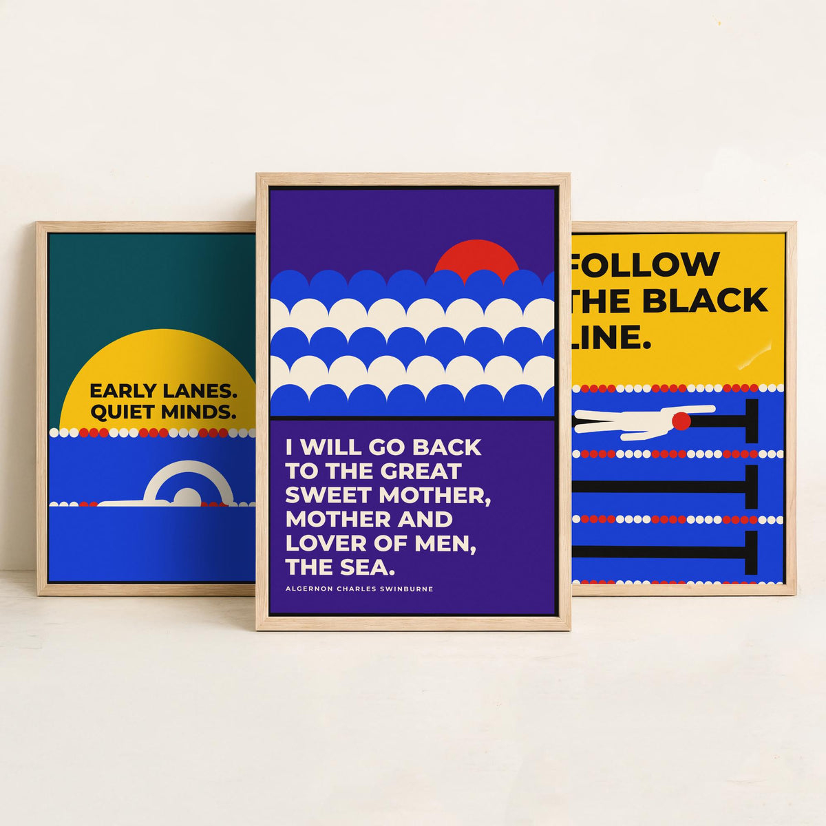 Swimming Quotes Set of Three Art Prints - 3 Bauhaus Swimmer Posters - Minimalist Sport Wall Art Illustration V1