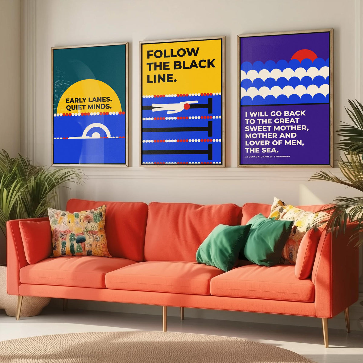 Swimming Quotes Set of Three Art Prints - 3 Bauhaus Swimmer Posters - Minimalist Sport Wall Art Illustration V1