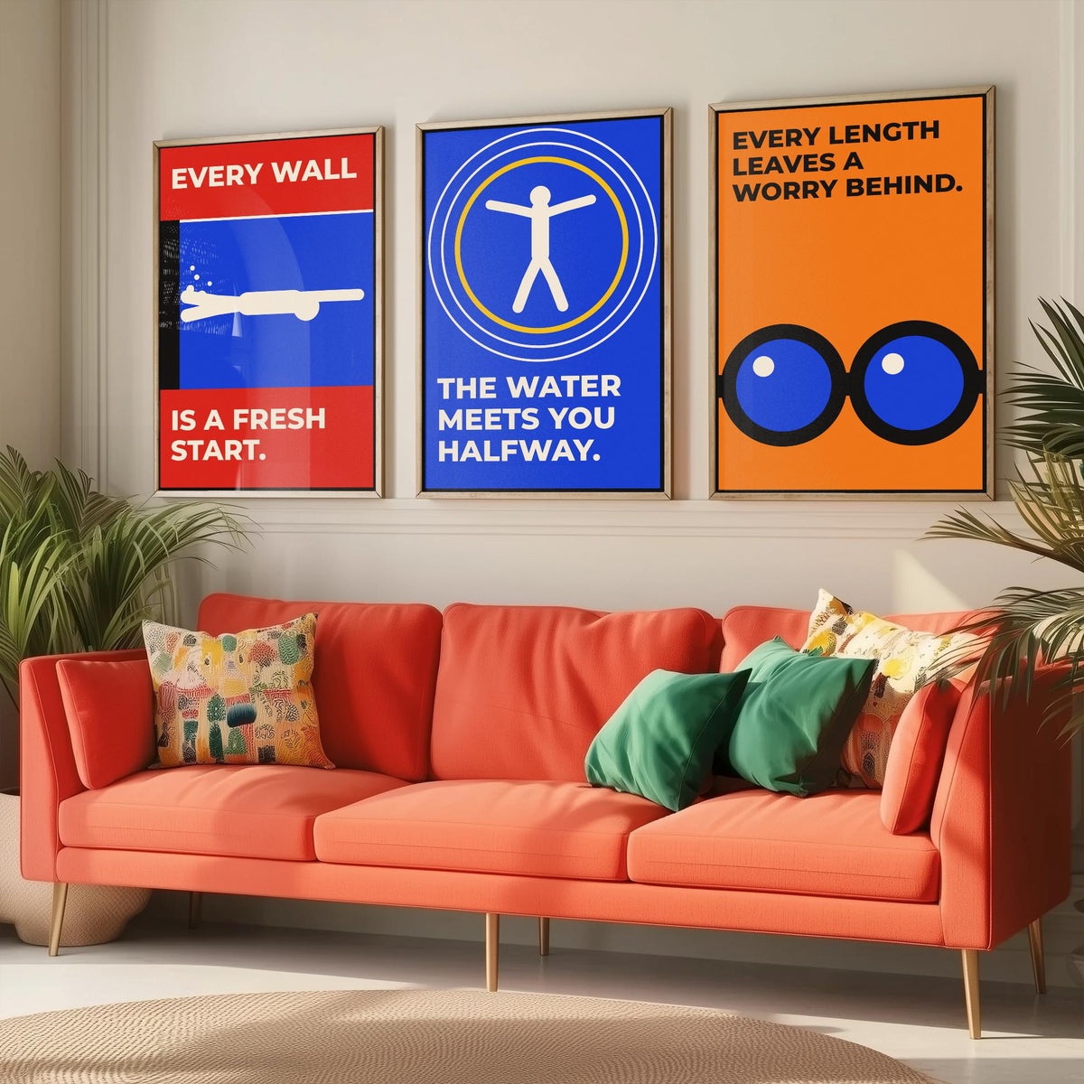 Swimming Quotes Set of Three Art Prints - 3 Retro Bauhaus Swimmer Posters - Minimalist Sport Wall Art Illustration V2
