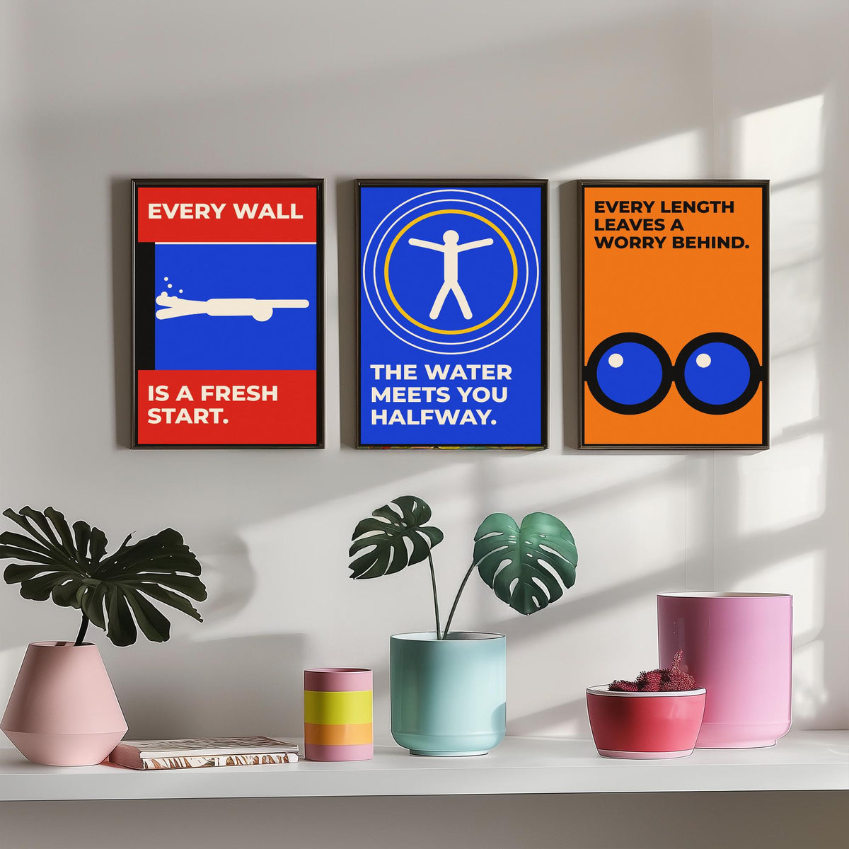 Swimming Quotes Set of Three Art Prints - 3 Retro Bauhaus Swimmer Posters - Minimalist Sport Wall Art Illustration V2