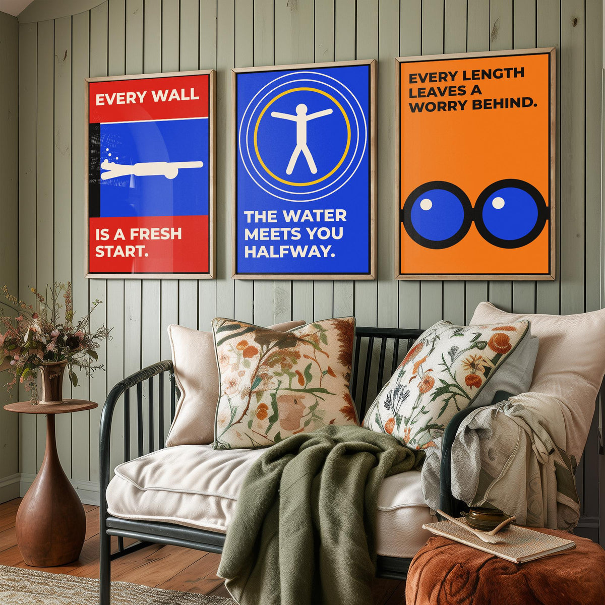 Swimming Quotes Set of Three Art Prints - 3 Retro Bauhaus Swimmer Posters - Minimalist Sport Wall Art Illustration V2