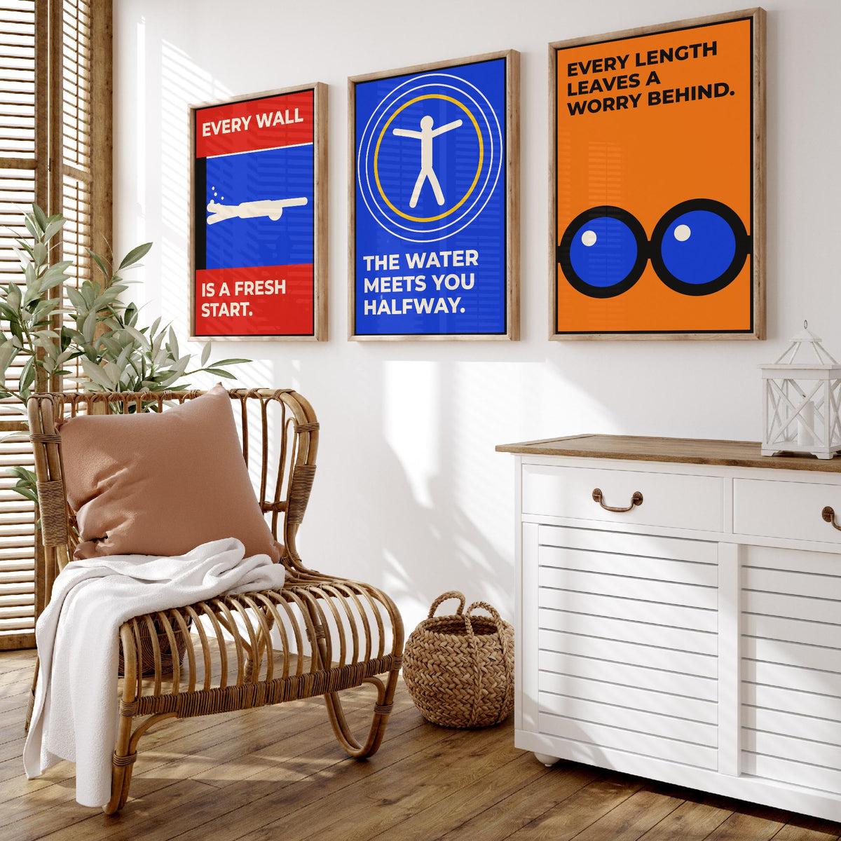 Swimming Quotes Set of Three Art Prints - 3 Retro Bauhaus Swimmer Posters - Minimalist Sport Wall Art Illustration V2