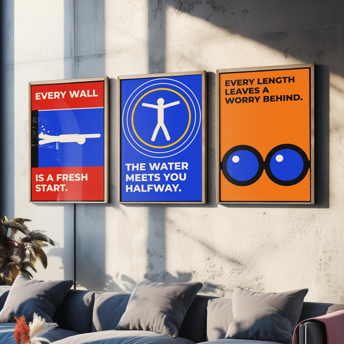 Swimming Quotes Set of Three Art Prints - 3 Retro Bauhaus Swimmer Posters - Minimalist Sport Wall Art Illustration V2