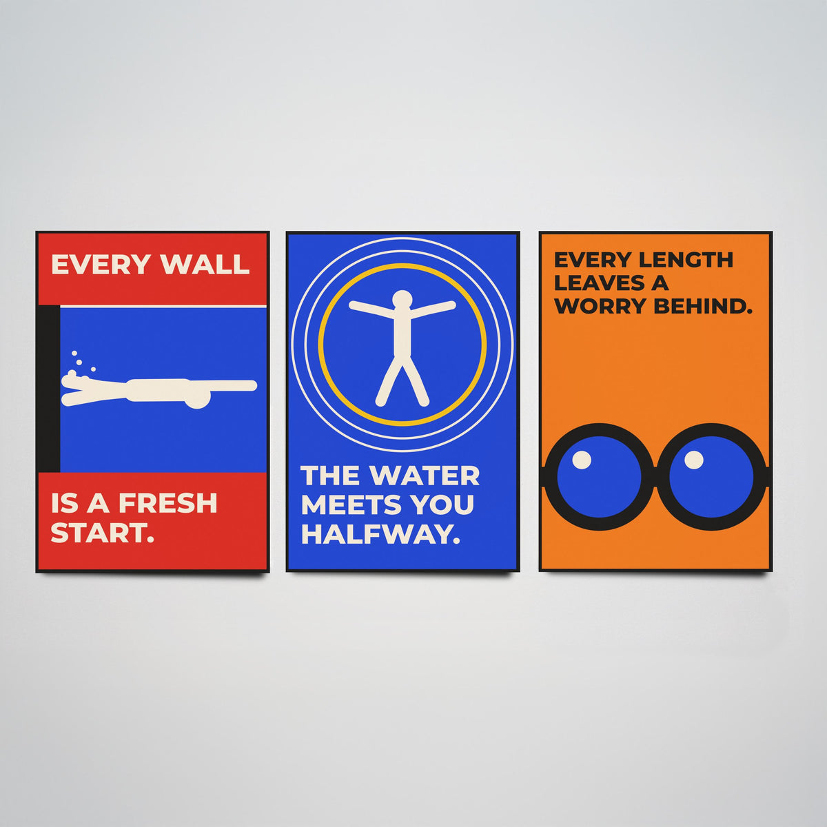 Swimming Quotes Set of Three Art Prints - 3 Retro Bauhaus Swimmer Posters - Minimalist Sport Wall Art Illustration V2