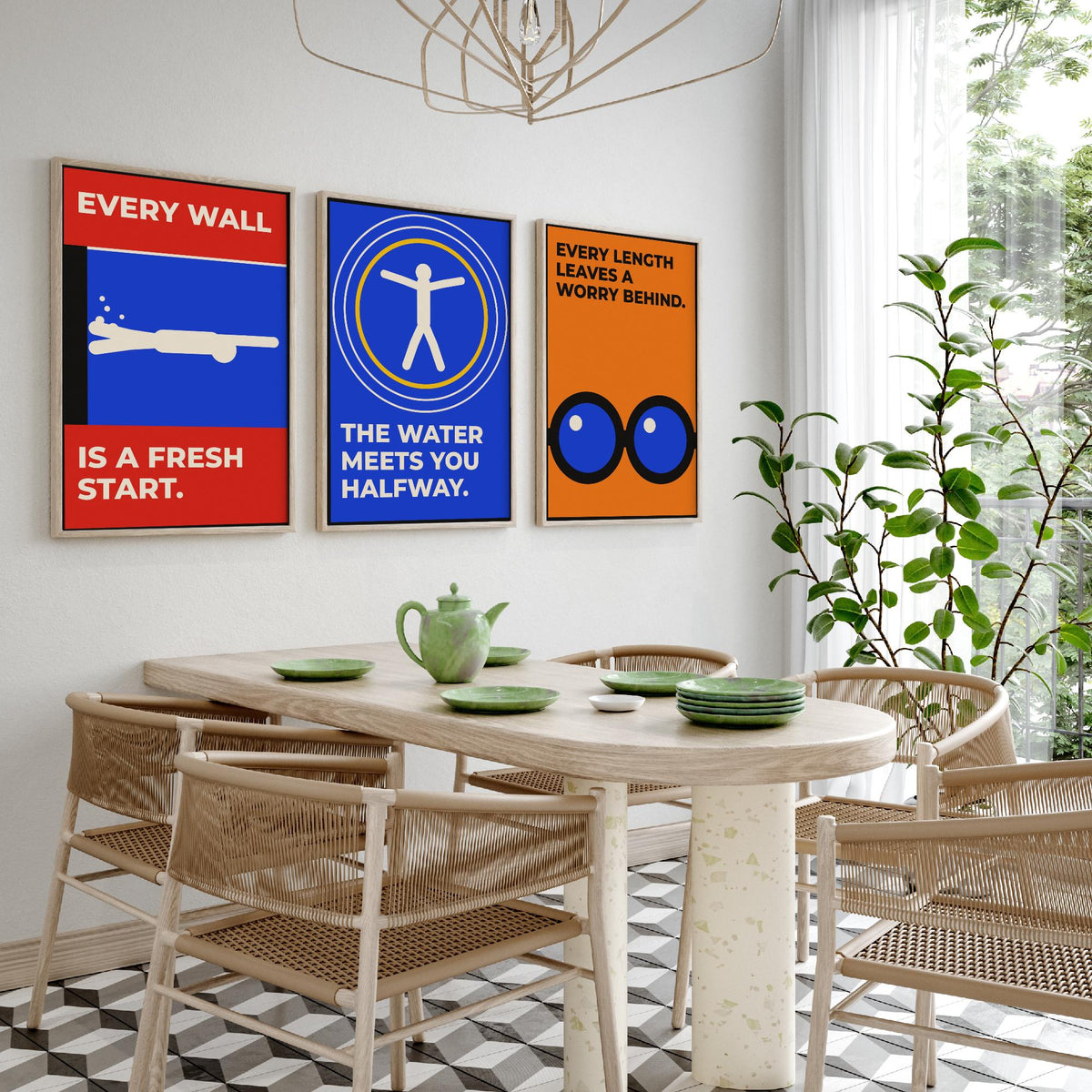 Swimming Quotes Set of Three Art Prints - 3 Retro Bauhaus Swimmer Posters - Minimalist Sport Wall Art Illustration V2