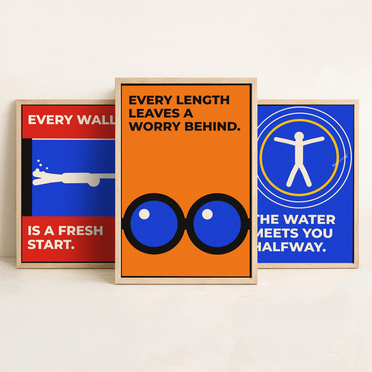 Swimming Quotes Set of Three Art Prints - 3 Retro Bauhaus Swimmer Posters - Minimalist Sport Wall Art Illustration V2