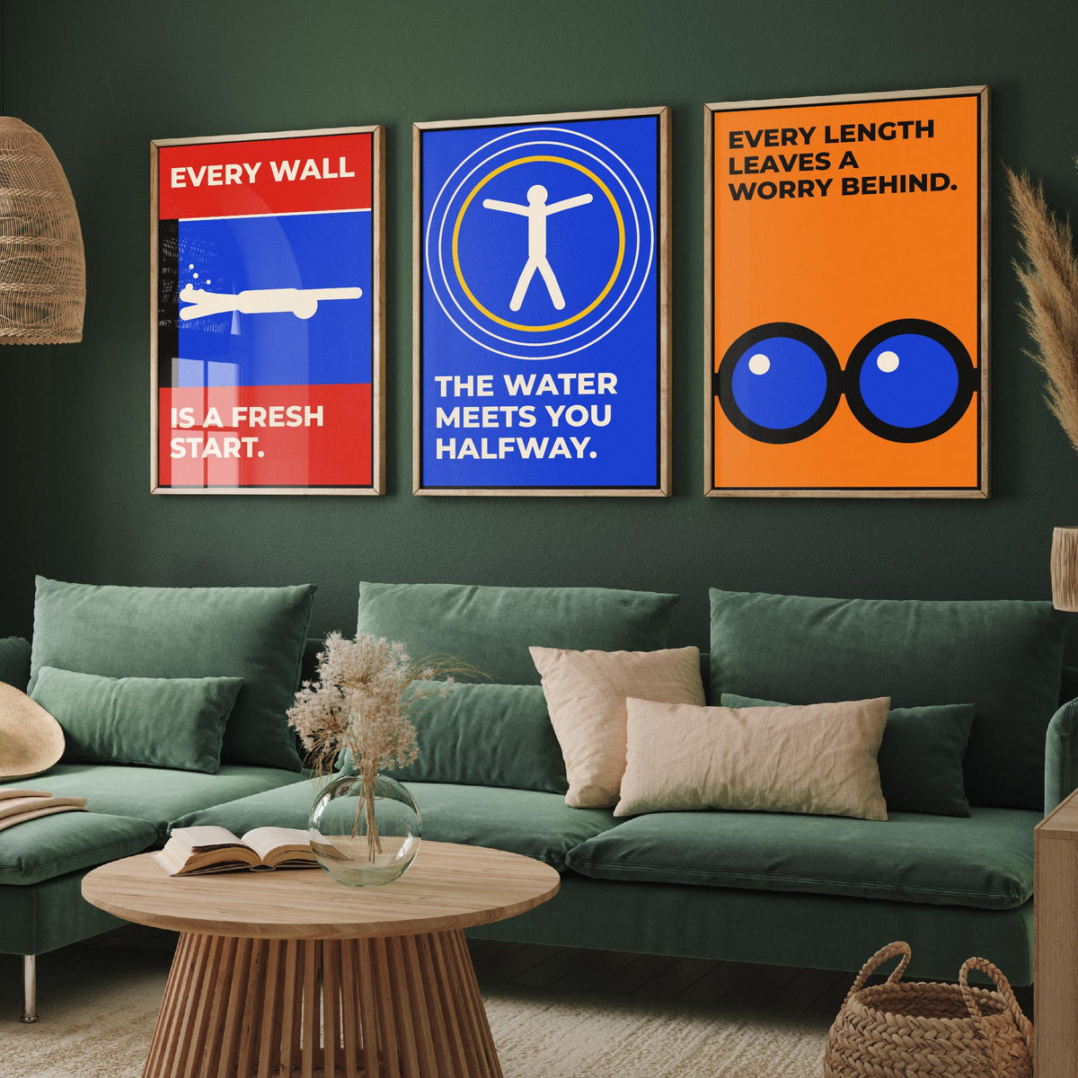 Swimming Quotes Set of Three Art Prints - 3 Retro Bauhaus Swimmer Posters - Minimalist Sport Wall Art Illustration V2