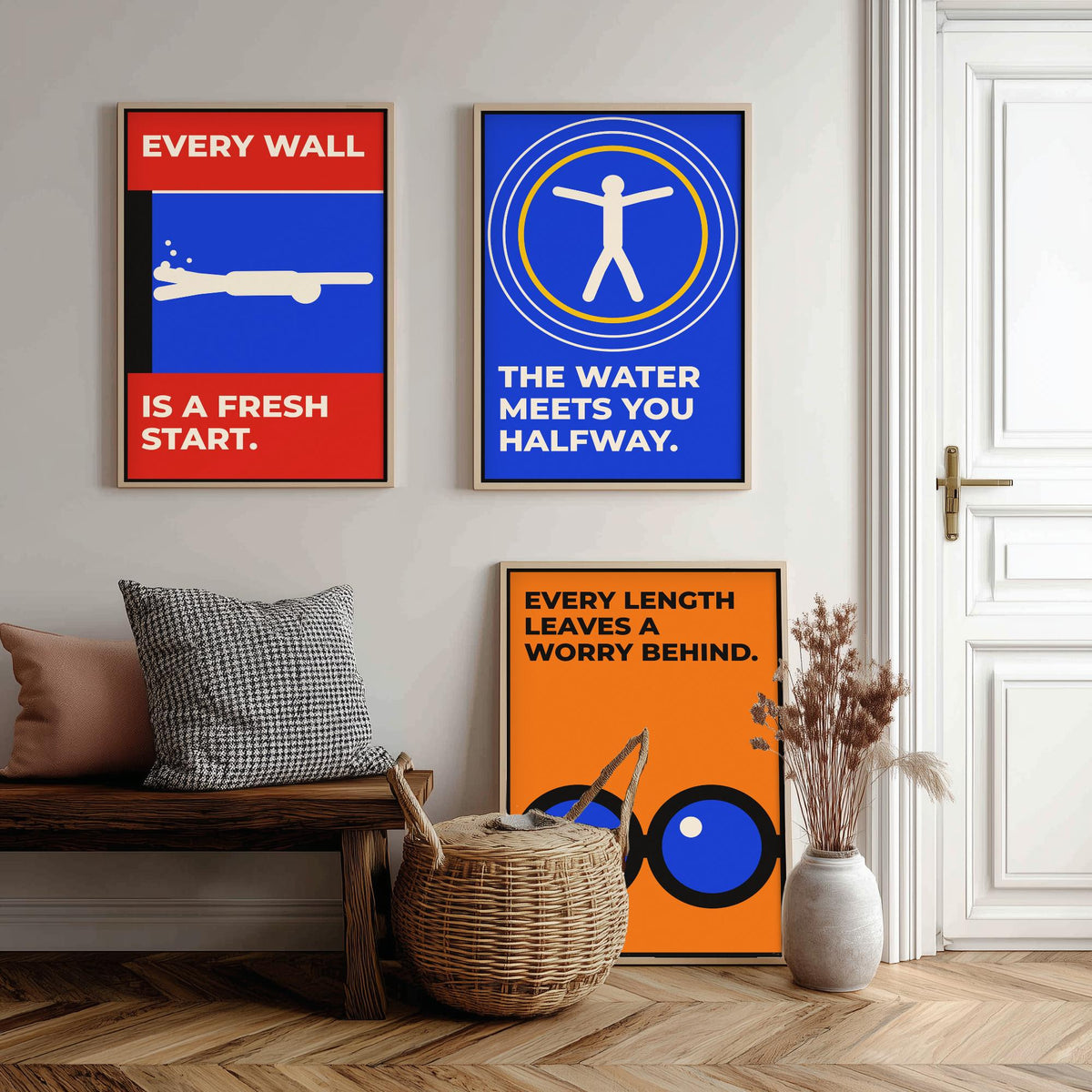 Swimming Quotes Set of Three Art Prints - 3 Retro Bauhaus Swimmer Posters - Minimalist Sport Wall Art Illustration V2