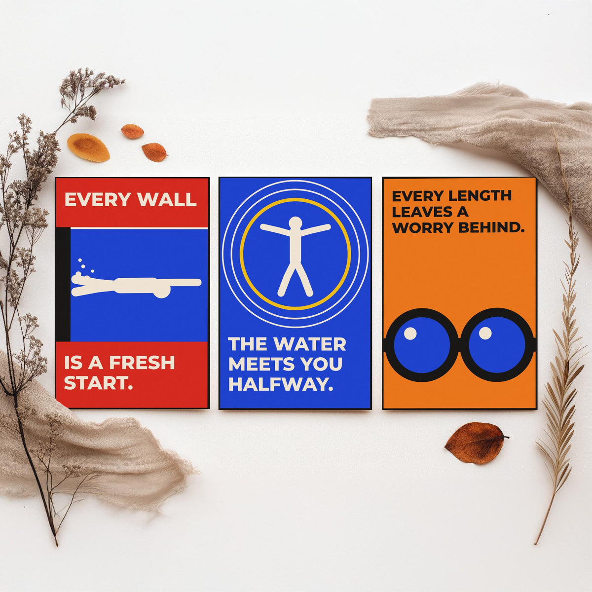 Swimming Quotes Set of Three Art Prints - 3 Retro Bauhaus Swimmer Posters - Minimalist Sport Wall Art Illustration V2
