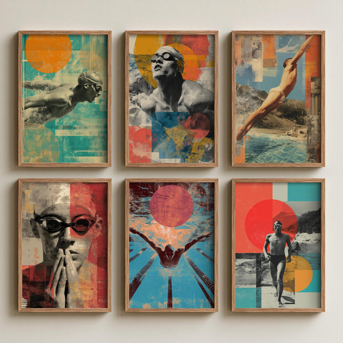 Set of Six Vintage Swimming Art Prints - 6 Retro Swimmer Collage Posters - Diver, Butterfly Stroke, Pool Lanes Illustration