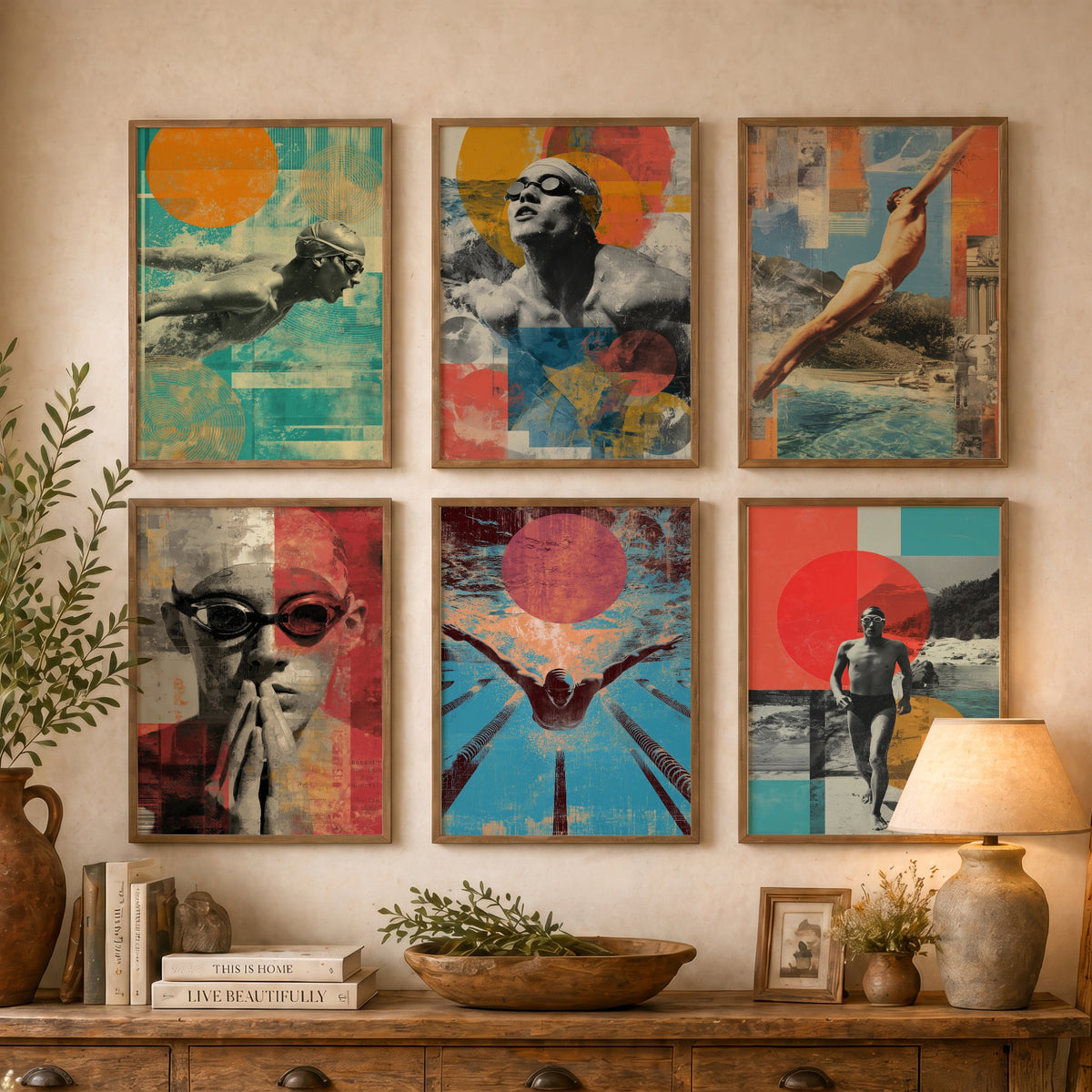 Set of Six Vintage Swimming Art Prints - 6 Retro Swimmer Collage Posters - Diver, Butterfly Stroke, Pool Lanes Illustration