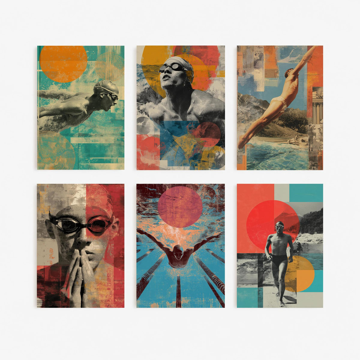 Set of Six Vintage Swimming Art Prints - 6 Retro Swimmer Collage Posters - Diver, Butterfly Stroke, Pool Lanes Illustration