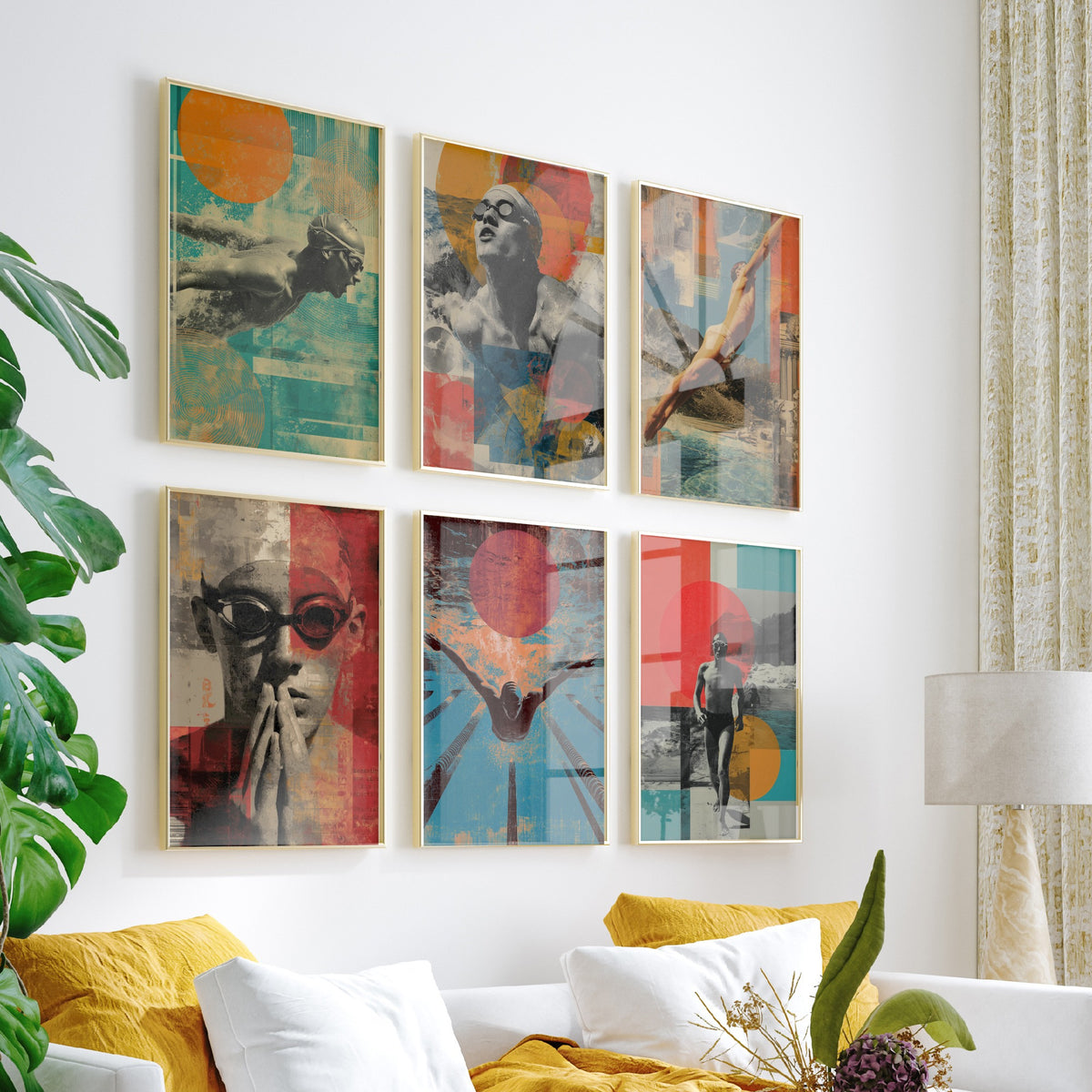 Set of Six Vintage Swimming Art Prints - 6 Retro Swimmer Collage Posters - Diver, Butterfly Stroke, Pool Lanes Illustration