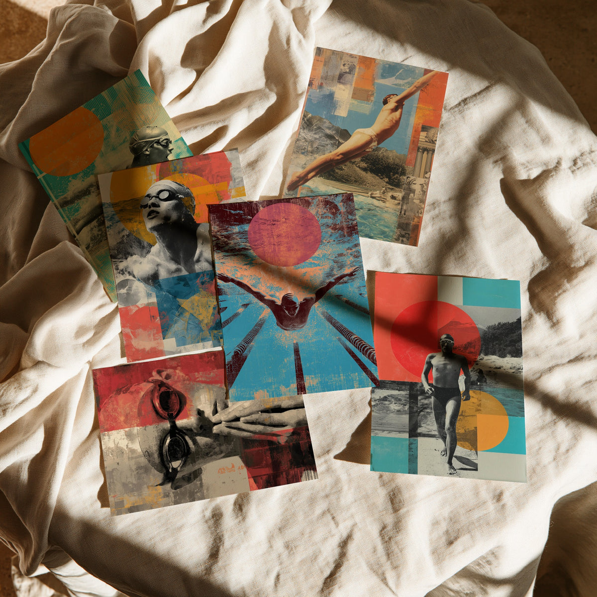 Set of Six Vintage Swimming Art Prints - 6 Retro Swimmer Collage Posters - Diver, Butterfly Stroke, Pool Lanes Illustration