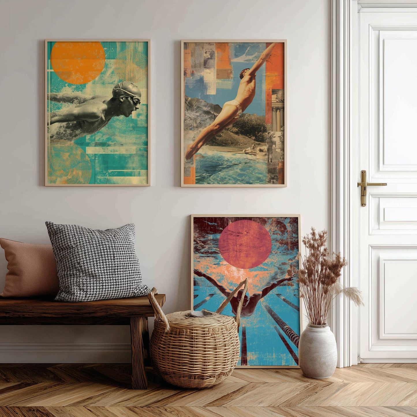 Set of Three Swimming Art Prints - Freestyle Diver Butterfly Swimmer Poster - Retro Collage Illustration Pool Gift V1