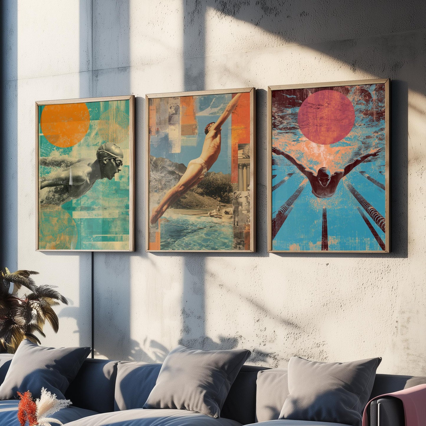 Set of Three Swimming Art Prints - Freestyle Diver Butterfly Swimmer Poster - Retro Collage Illustration Pool Gift V1