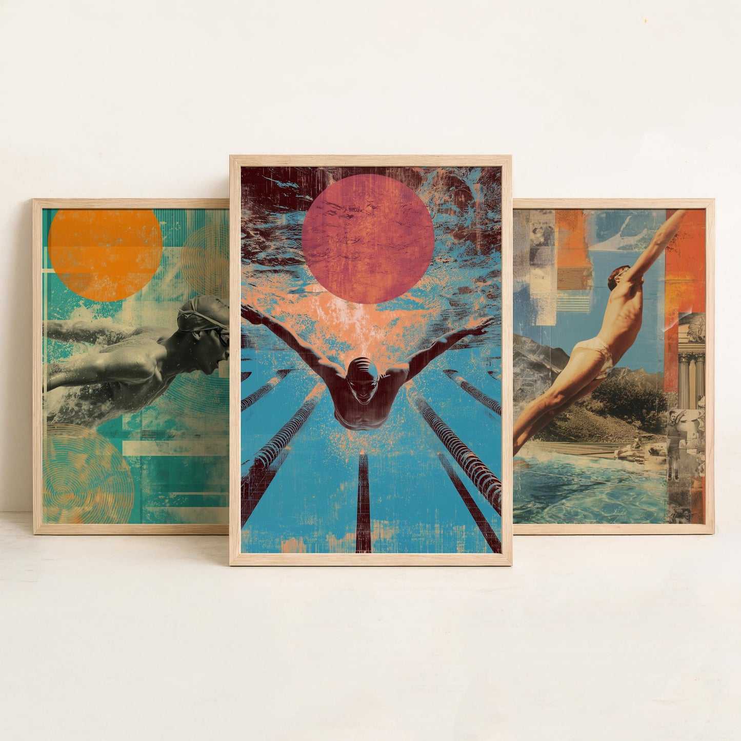 Set of Three Swimming Art Prints - Freestyle Diver Butterfly Swimmer Poster - Retro Collage Illustration Pool Gift V1