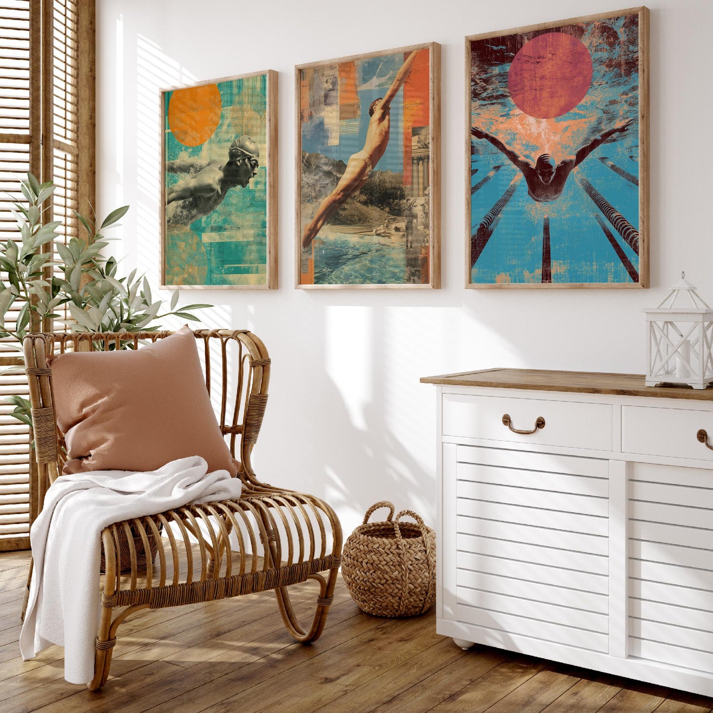 Set of Three Swimming Art Prints - Freestyle Diver Butterfly Swimmer Poster - Retro Collage Illustration Pool Gift V1