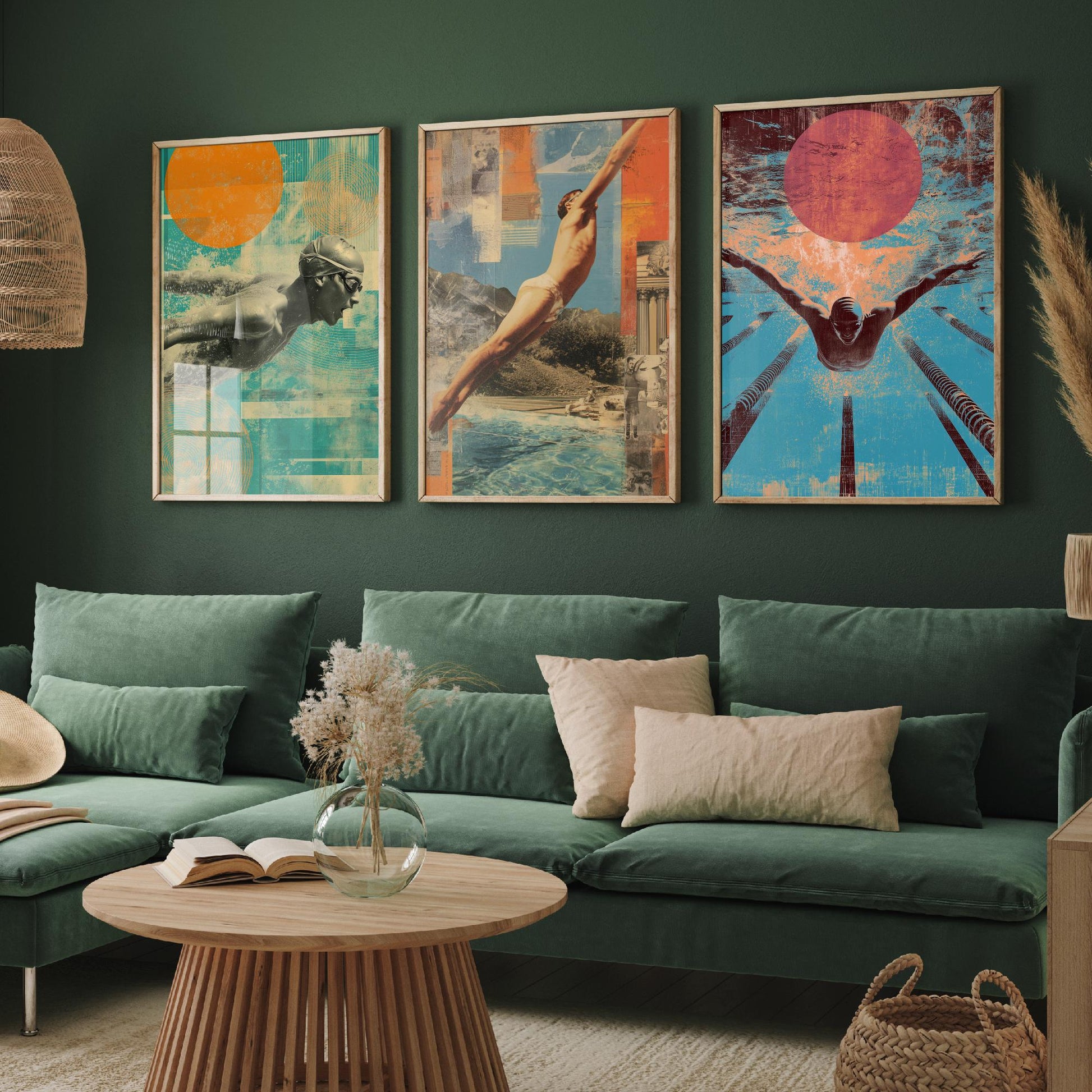 Set of Three Swimming Art Prints - Freestyle Diver Butterfly Swimmer Poster - Retro Collage Illustration Pool Gift V1