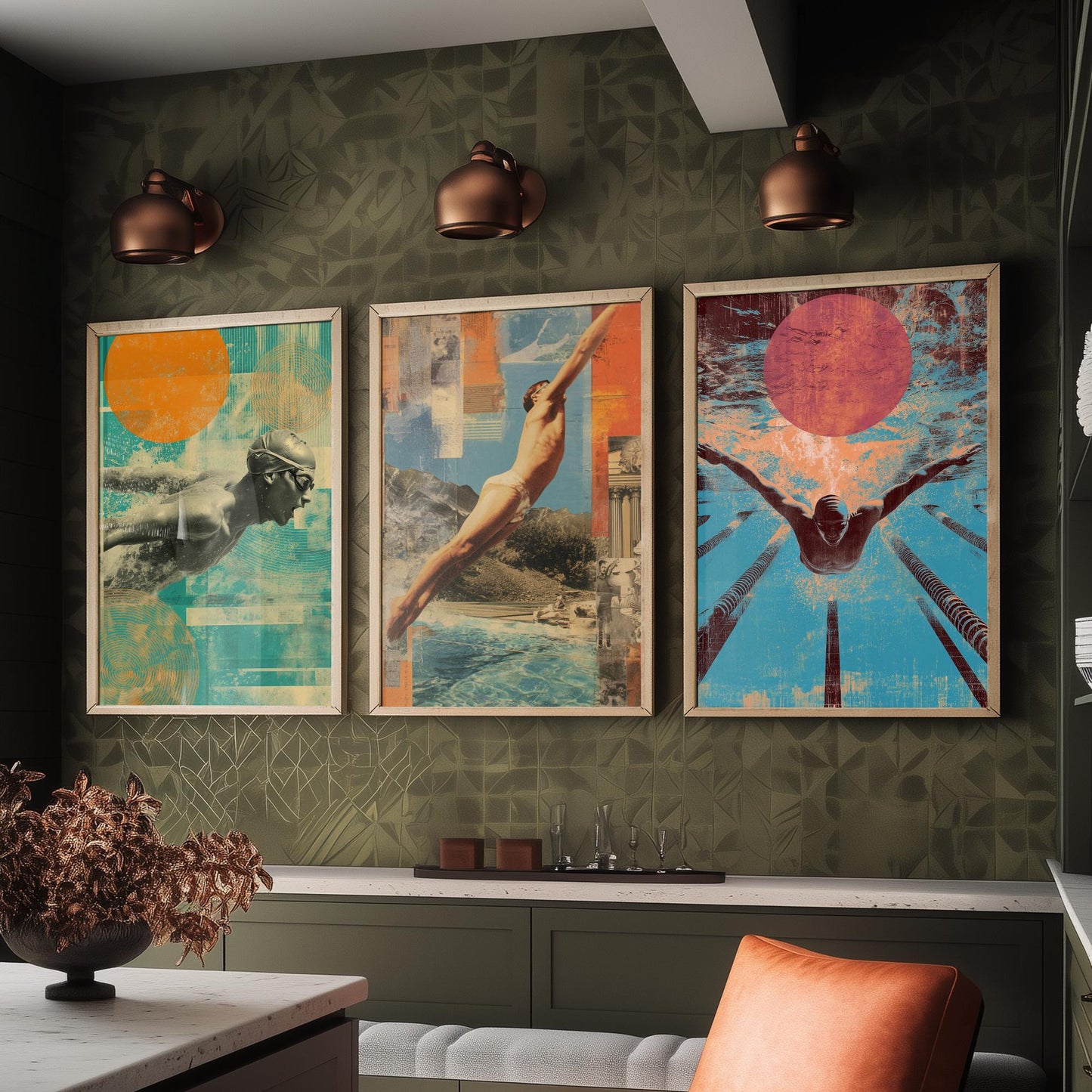Set of Three Swimming Art Prints - Freestyle Diver Butterfly Swimmer Poster - Retro Collage Illustration Pool Gift V1