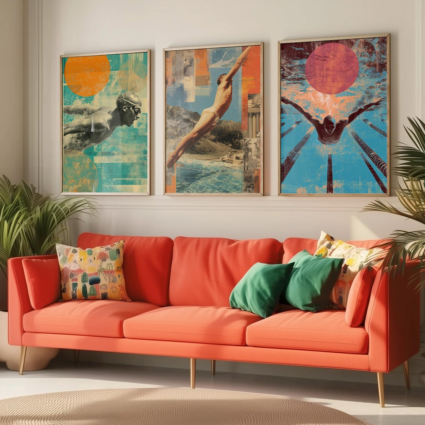 Set of Three Swimming Art Prints - Freestyle Diver Butterfly Swimmer Poster - Retro Collage Illustration Pool Gift V1