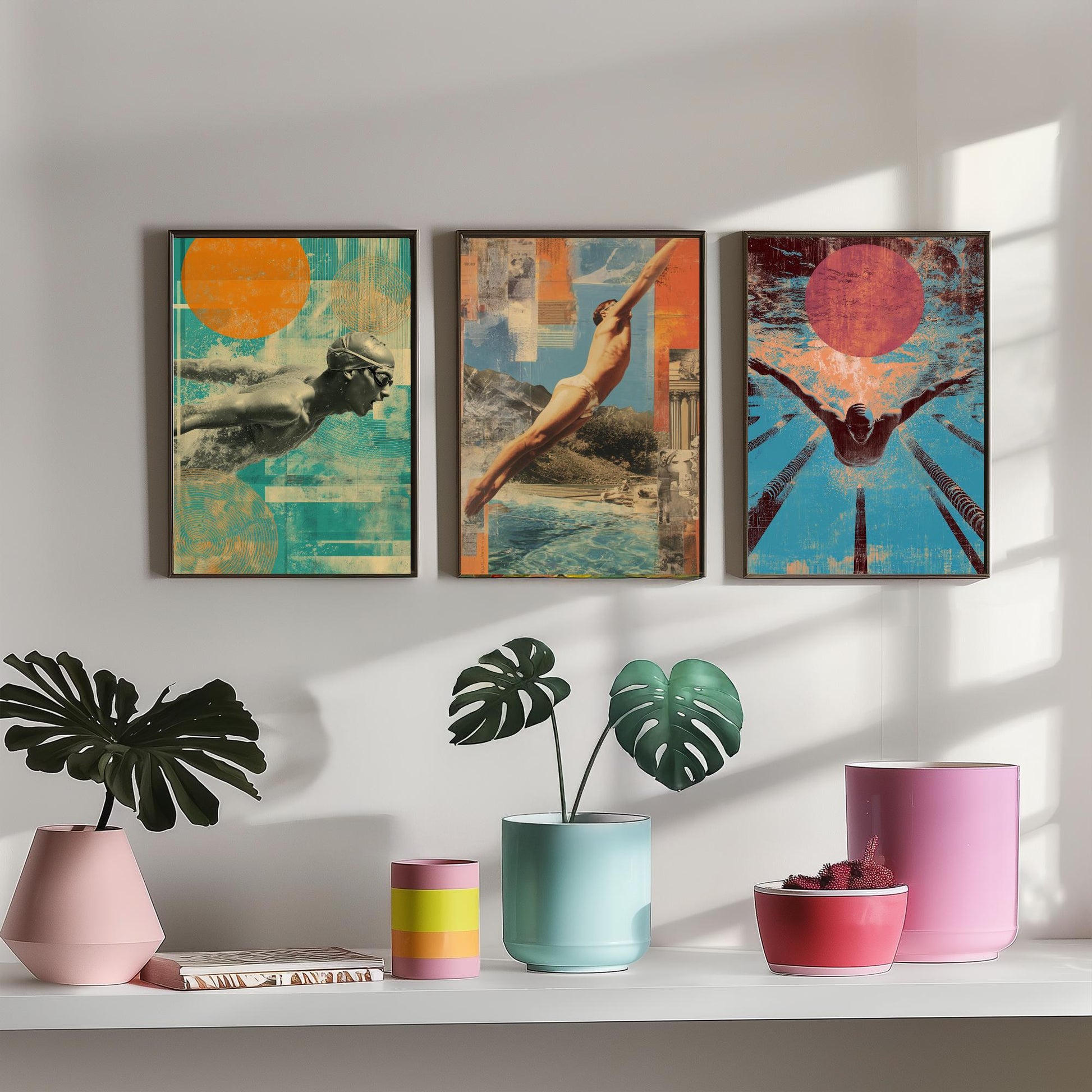 Set of Three Swimming Art Prints - Freestyle Diver Butterfly Swimmer Poster - Retro Collage Illustration Pool Gift V1