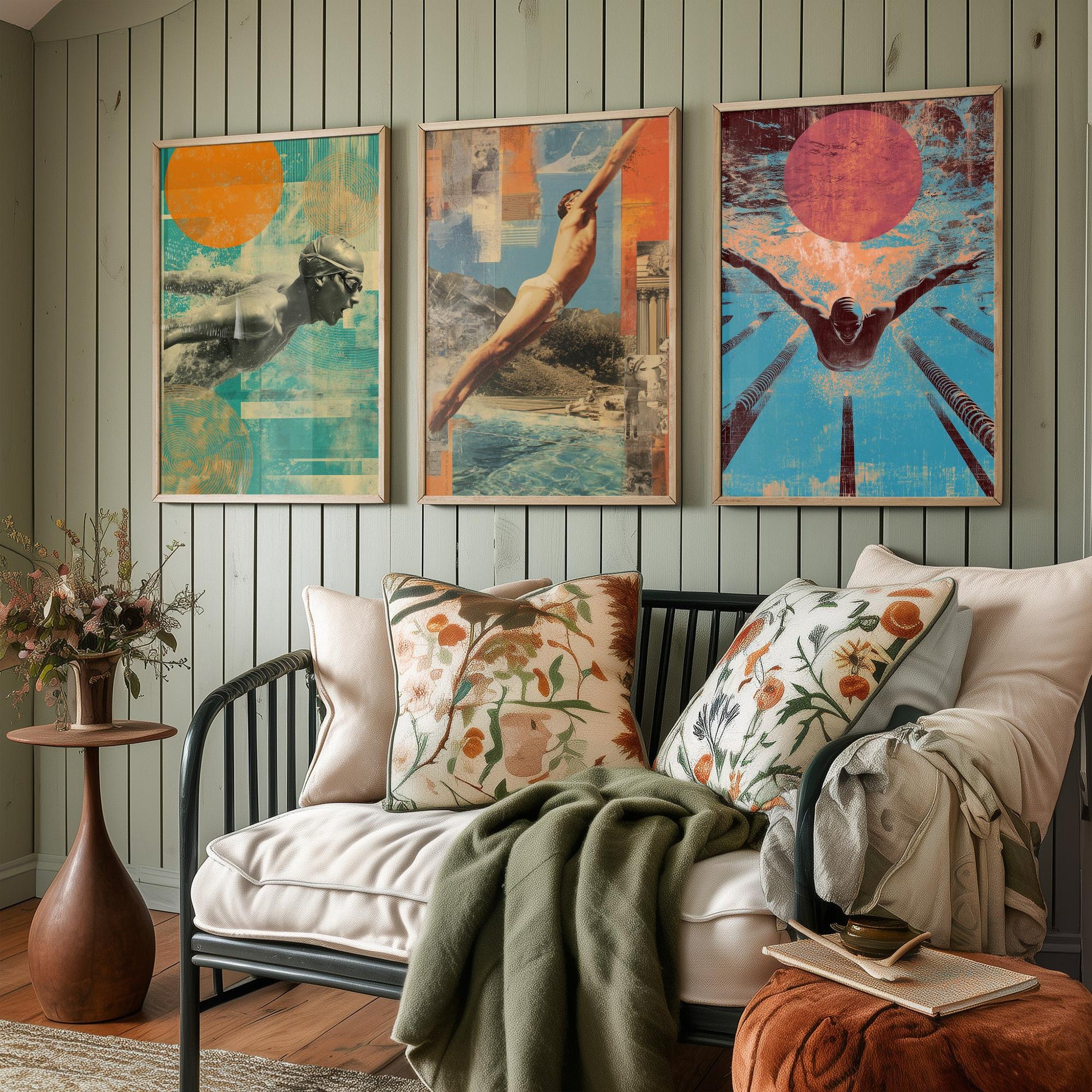 Set of Three Swimming Art Prints - Freestyle Diver Butterfly Swimmer Poster - Retro Collage Illustration Pool Gift V1