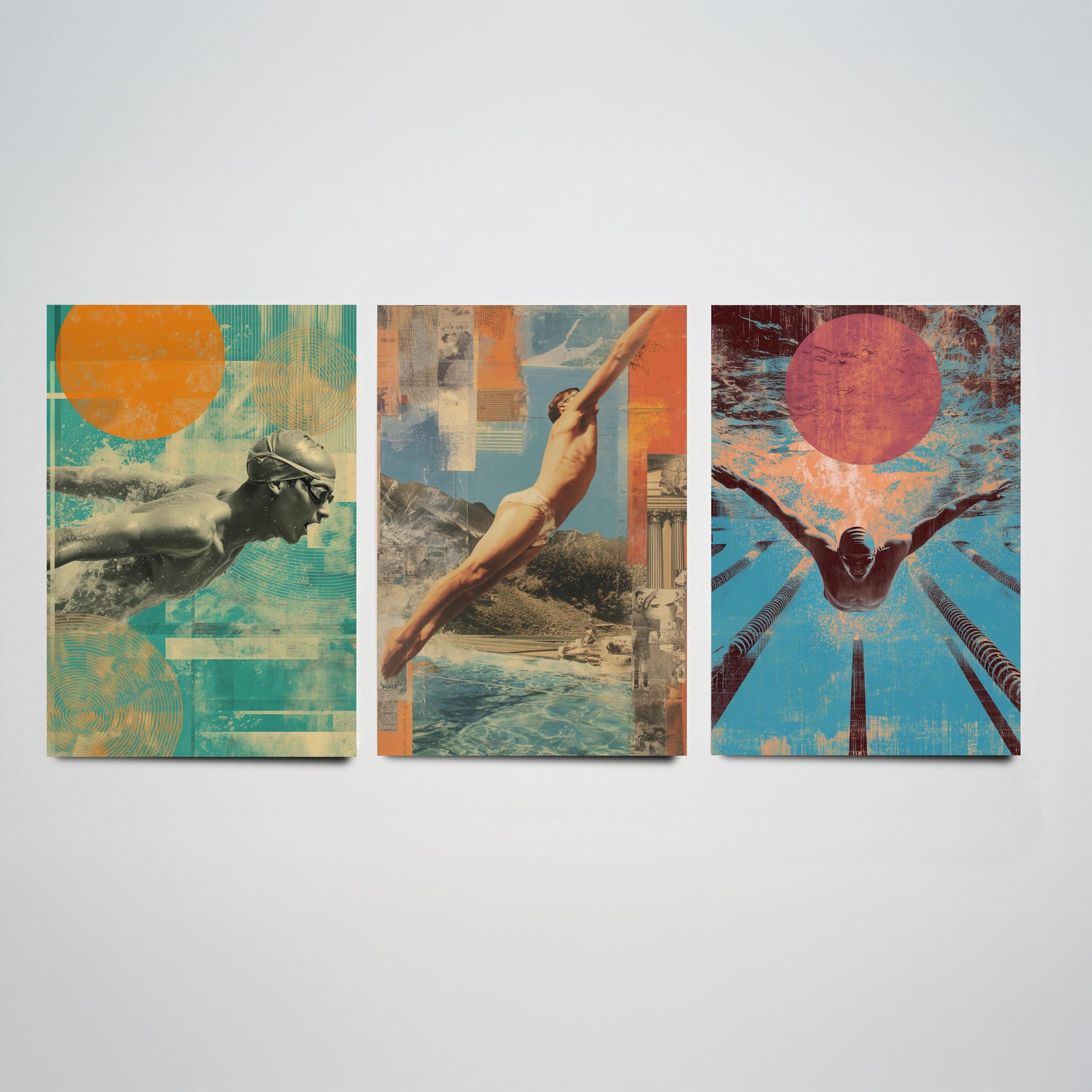 Set of Three Swimming Art Prints - Freestyle Diver Butterfly Swimmer Poster - Retro Collage Illustration Pool Gift V1