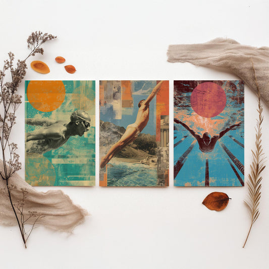 Set of Three Swimming Art Prints - Freestyle Diver Butterfly Swimmer Poster - Retro Collage Illustration Pool Gift V1