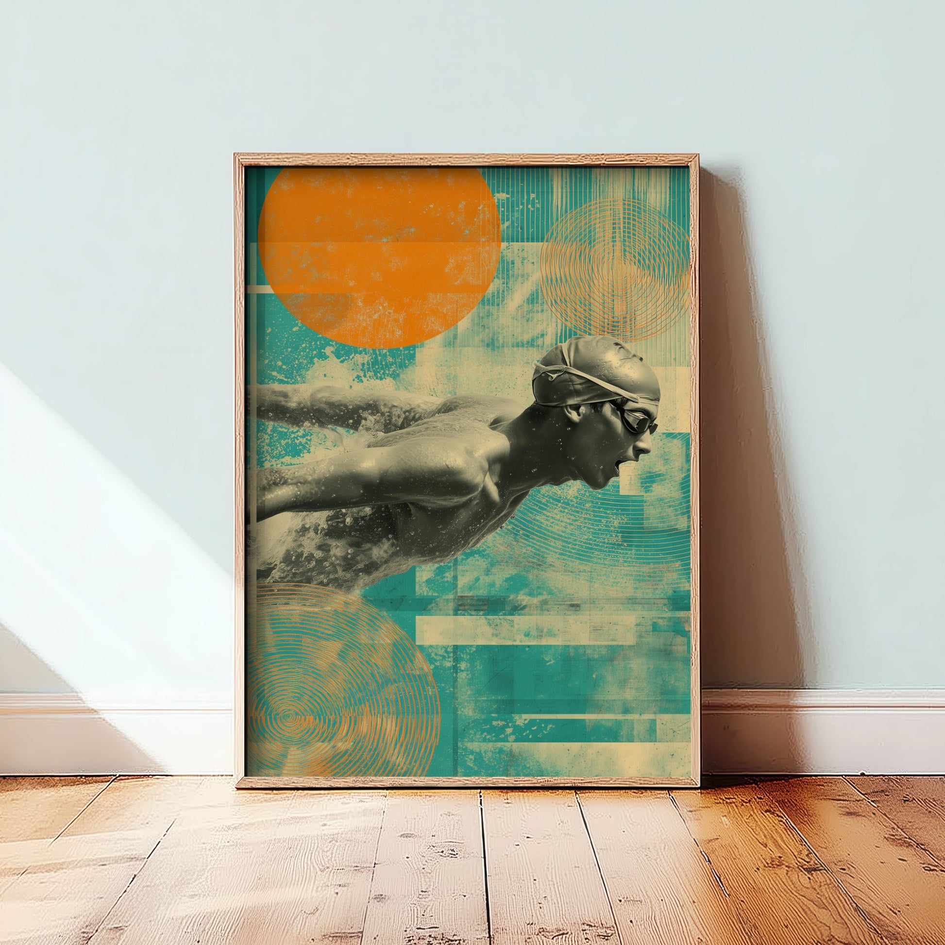 Swimming Collage Art Print - Retro Swimmer Poster - Vintage Sport Illustration - Freestyle Swim V1 1/3