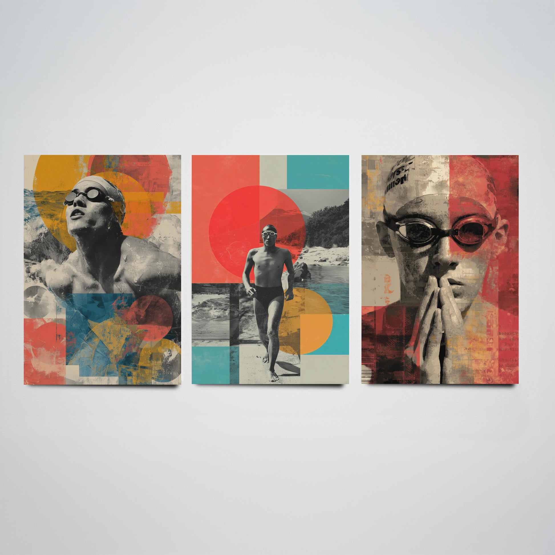 Set of Three Swimmer Art Prints - Backstroke Breaststroke Poolside Athlete Poster - Bold Collage Illustration Water V2