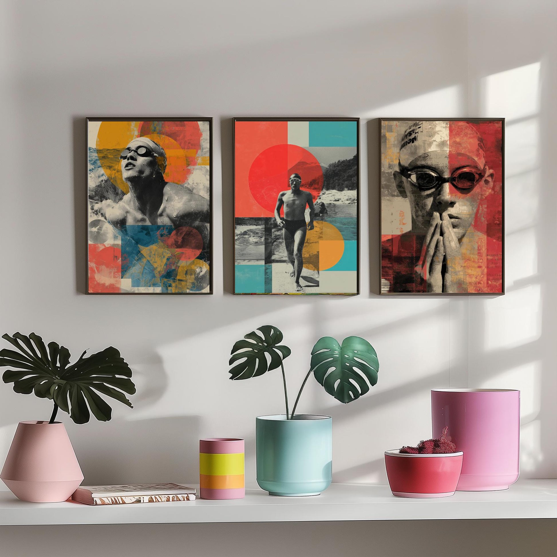 Set of Three Swimmer Art Prints - Backstroke Breaststroke Poolside Athlete Poster - Bold Collage Illustration Water V2