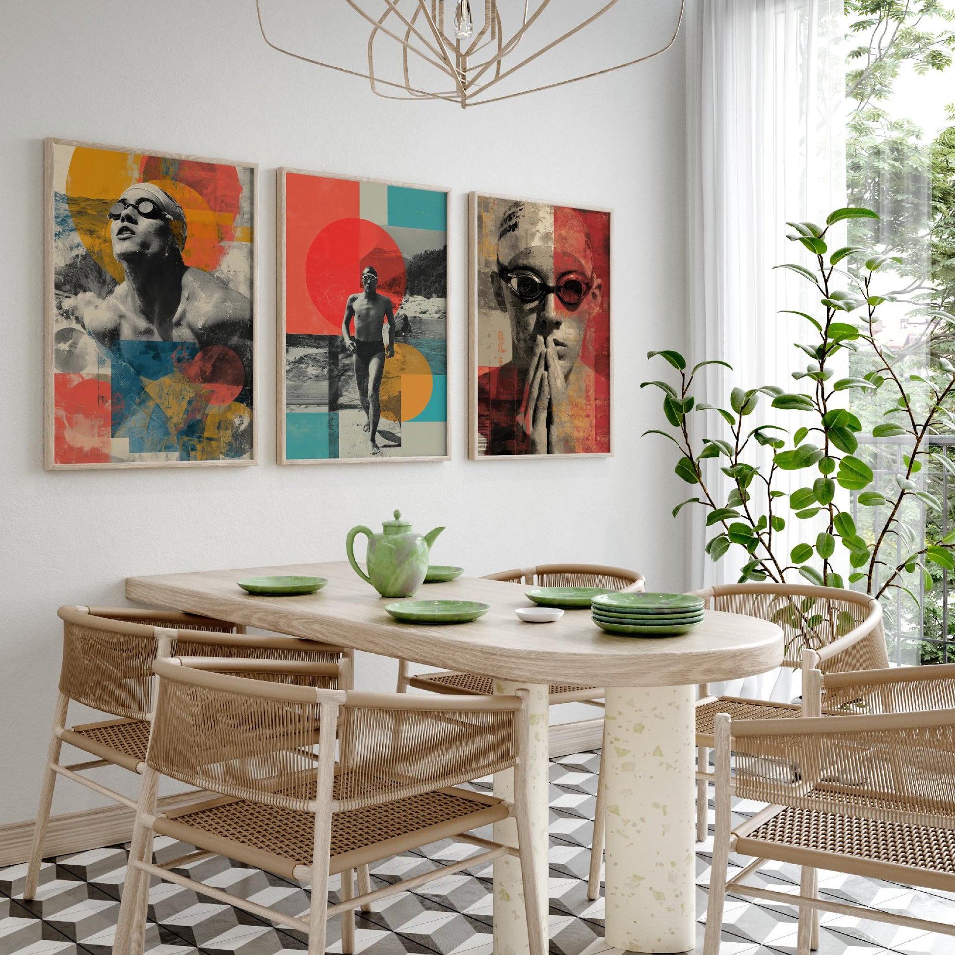 Set of Three Swimmer Art Prints - Backstroke Breaststroke Poolside Athlete Poster - Bold Collage Illustration Water V2