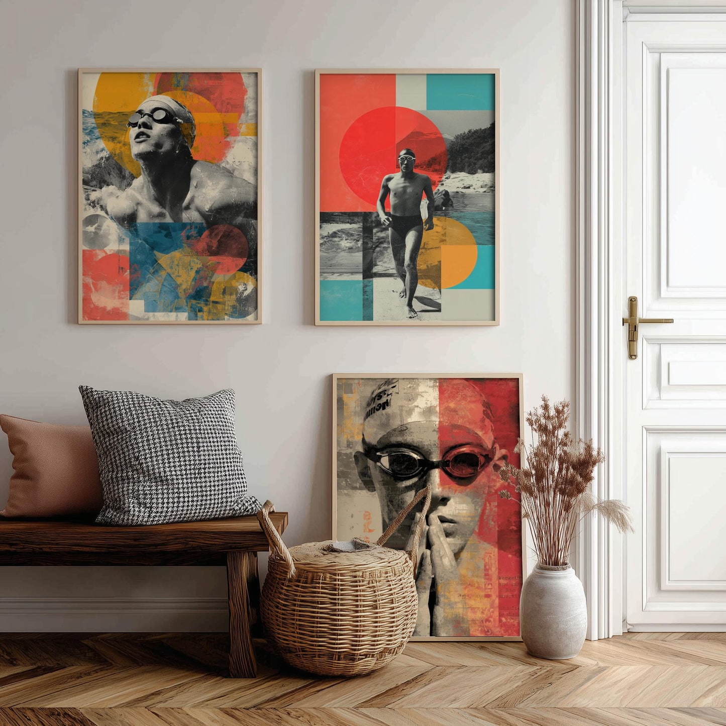 Set of Three Swimmer Art Prints - Backstroke Breaststroke Poolside Athlete Poster - Bold Collage Illustration Water V2